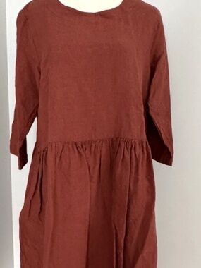 Len Ok 100% European Linen Loose Fit Midi Dress Pockets 3/4 Sleeve LARGE